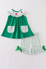 Green farm embroidery smocked girl set