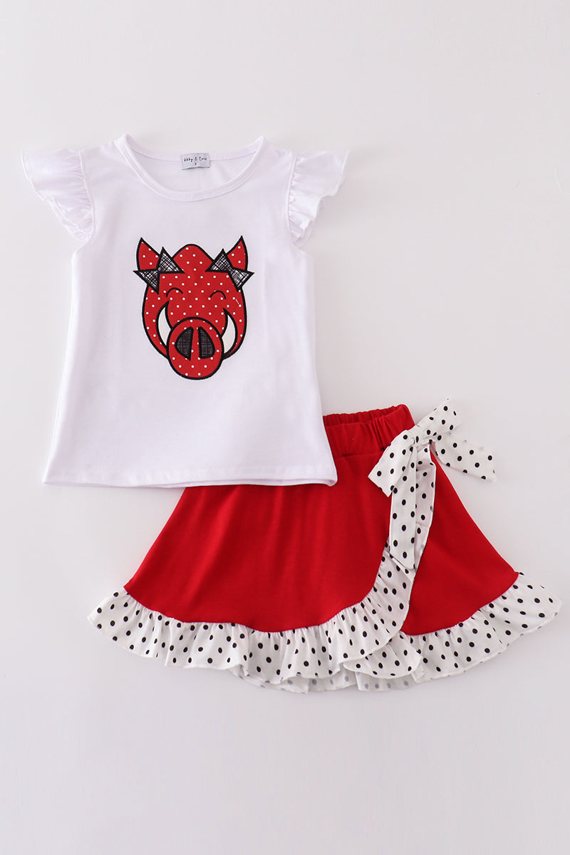 Red razorbacks applique girl skort set