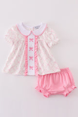 Pink bow embroidery girl bloomer set