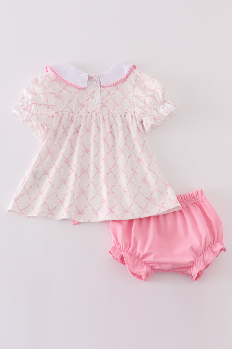 Pink bow embroidery girl bloomer set