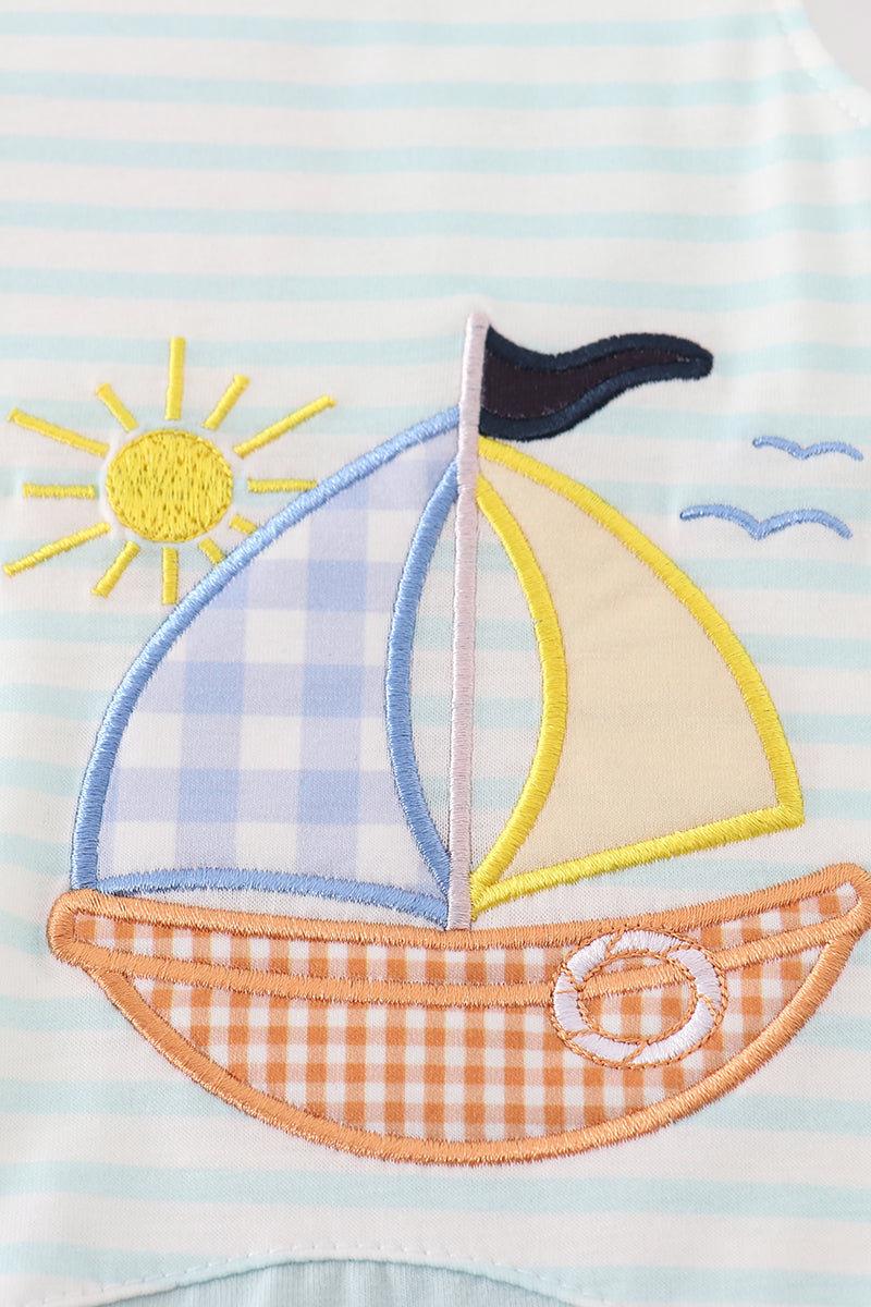 Blue stripe sailboat applique boy bubble