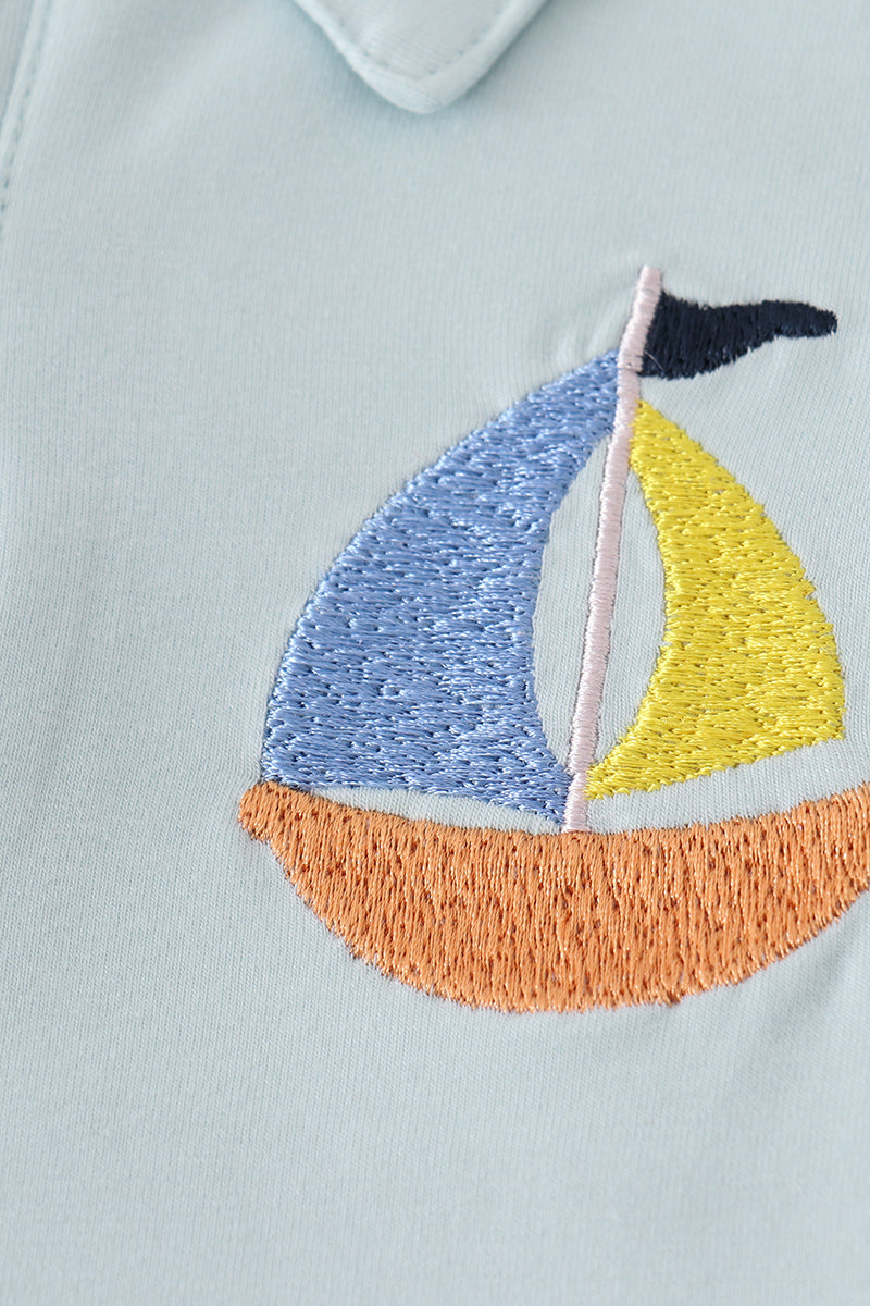 Blue stripe sailboat embroidery boy set