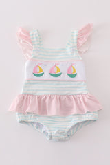 Pink sailboat embroidery girl swimsuit