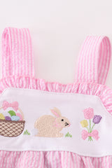 Pink seersucker bunny floral embroidery girl bubble