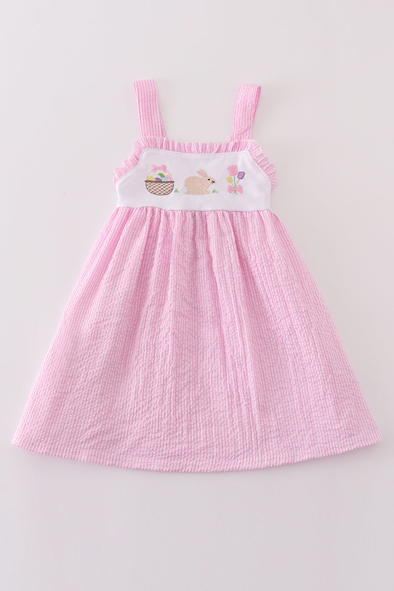 Pink seersucker bunny floral embroidery dress