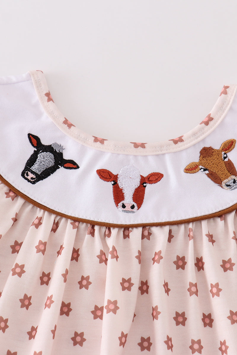 Floral print cow embroidery girl dress