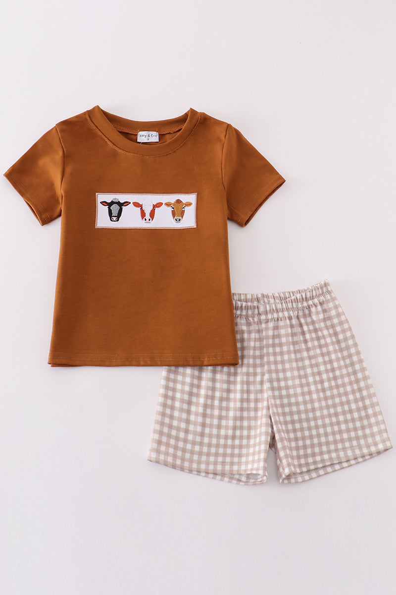 Brown cow embroidery boy set