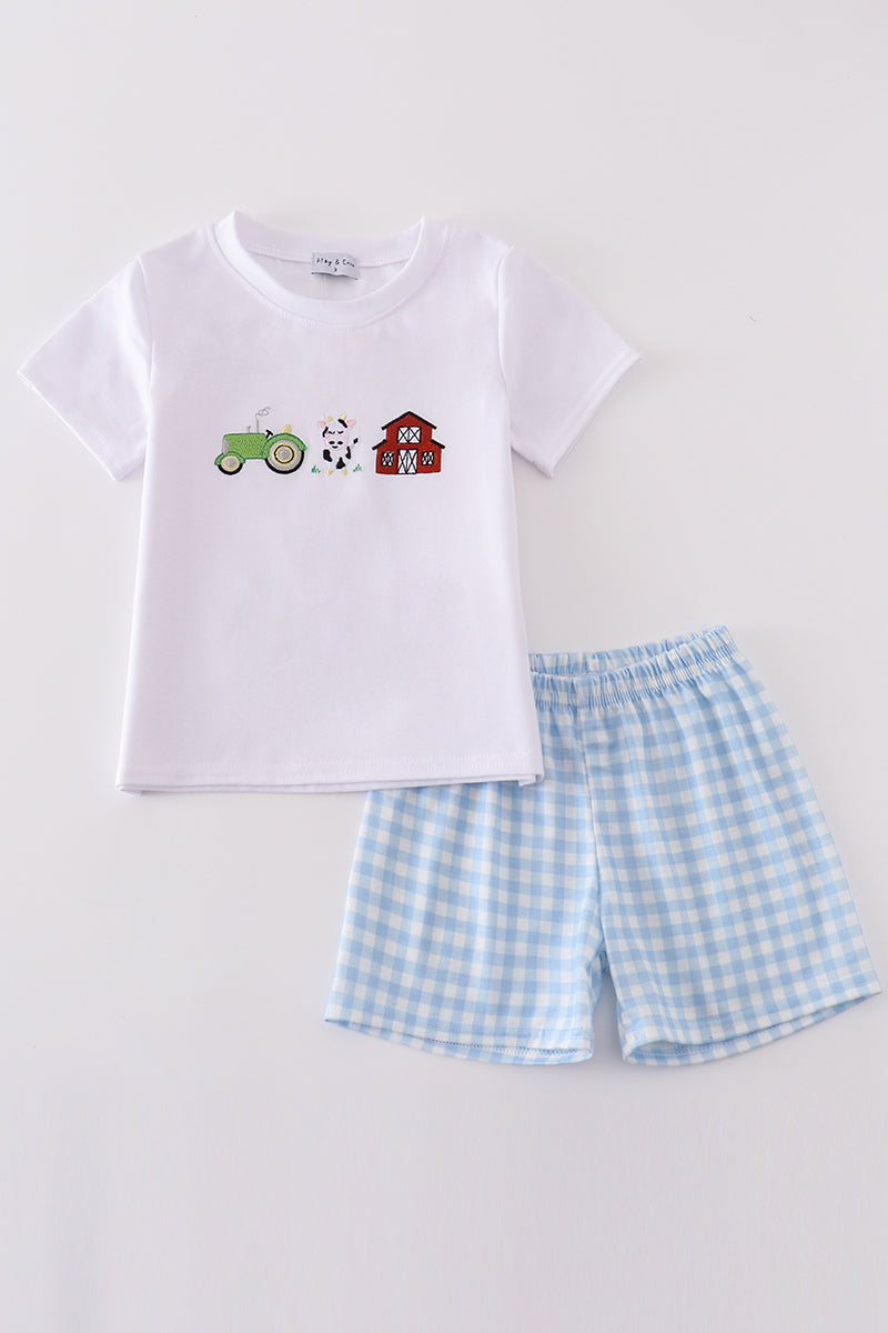 Blue farm embroidery boy set