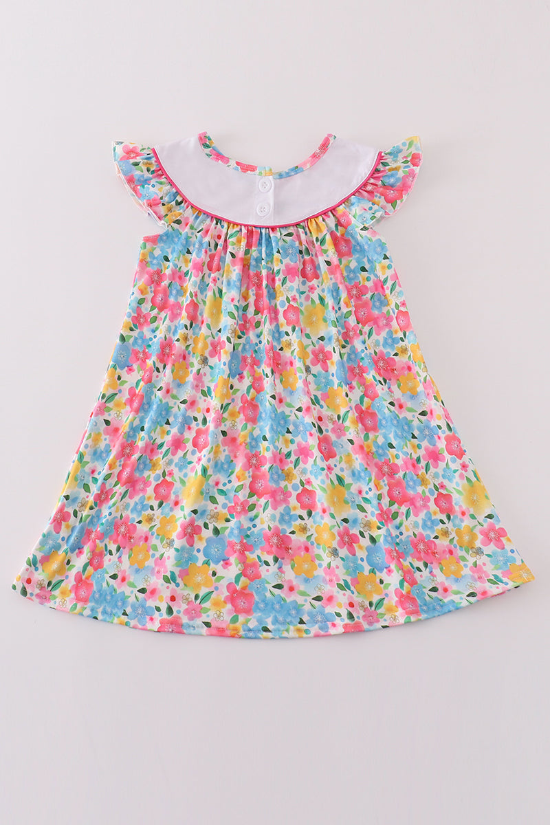 Floral bee embroidery girl dress