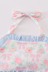 Pink floral bow print 2pc girl swimsuit