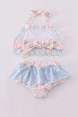 Pink floral bow print 2pc girl swimsuit