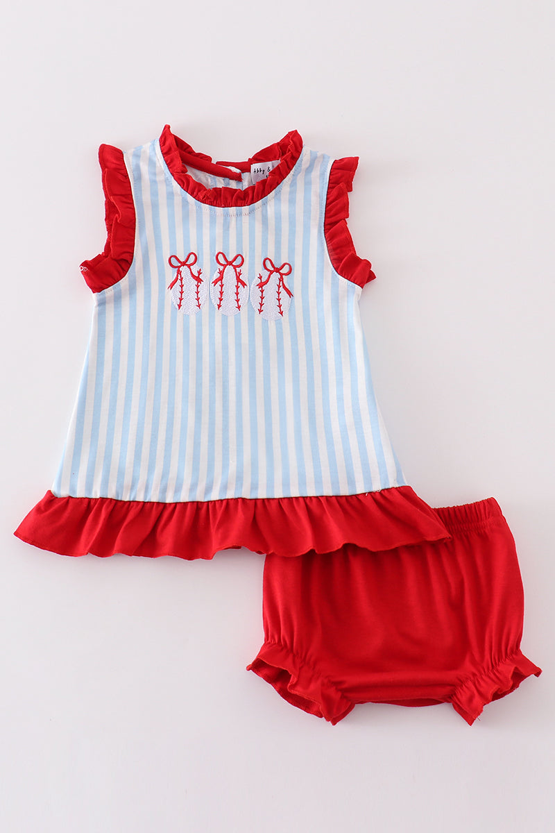 Blue stripe baseball embroidery girl bloomer set