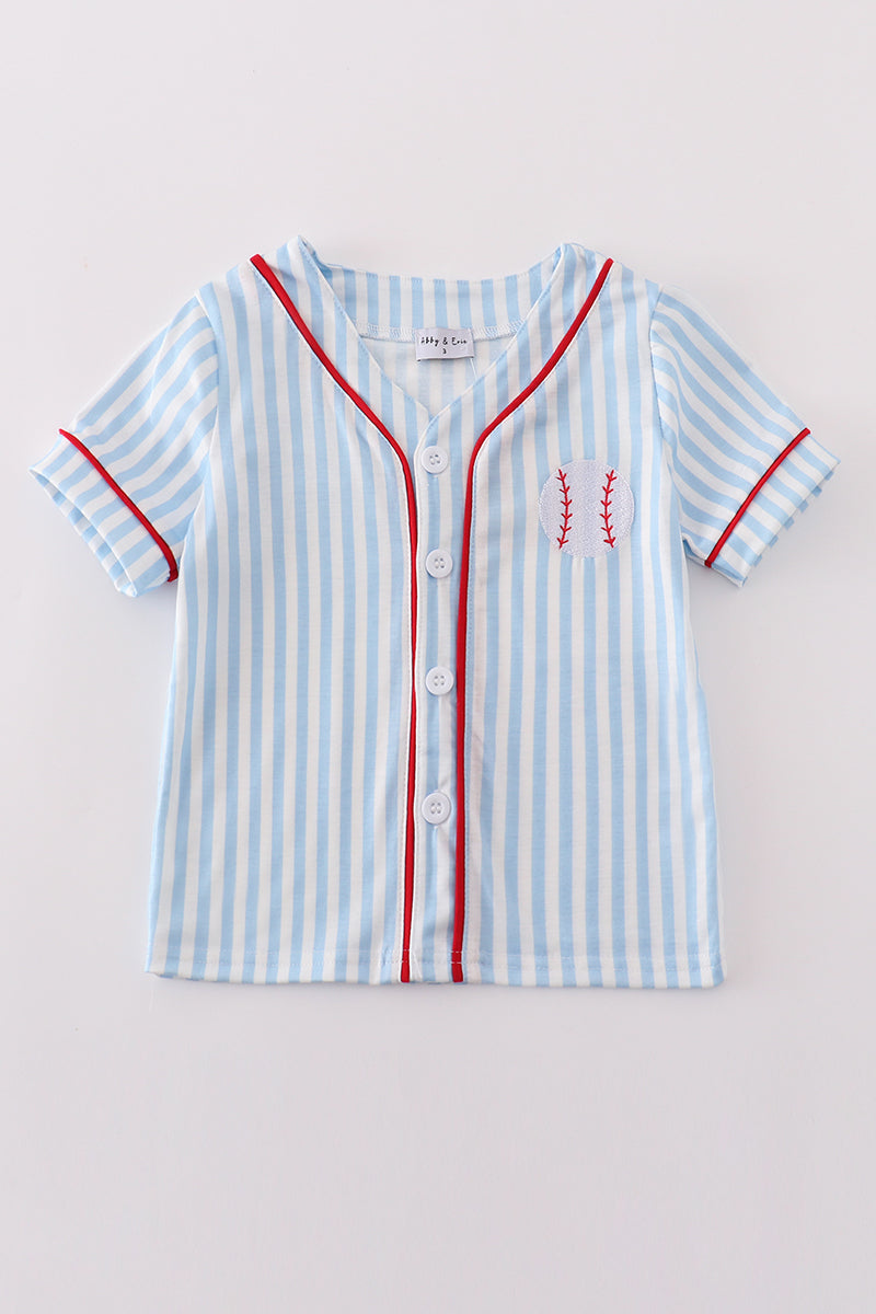 Blue stripe baseball embroidery boy button down shirt