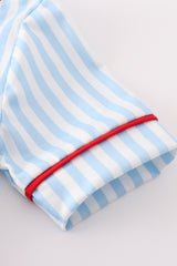 Blue stripe baseball embroidery boy button down shirt