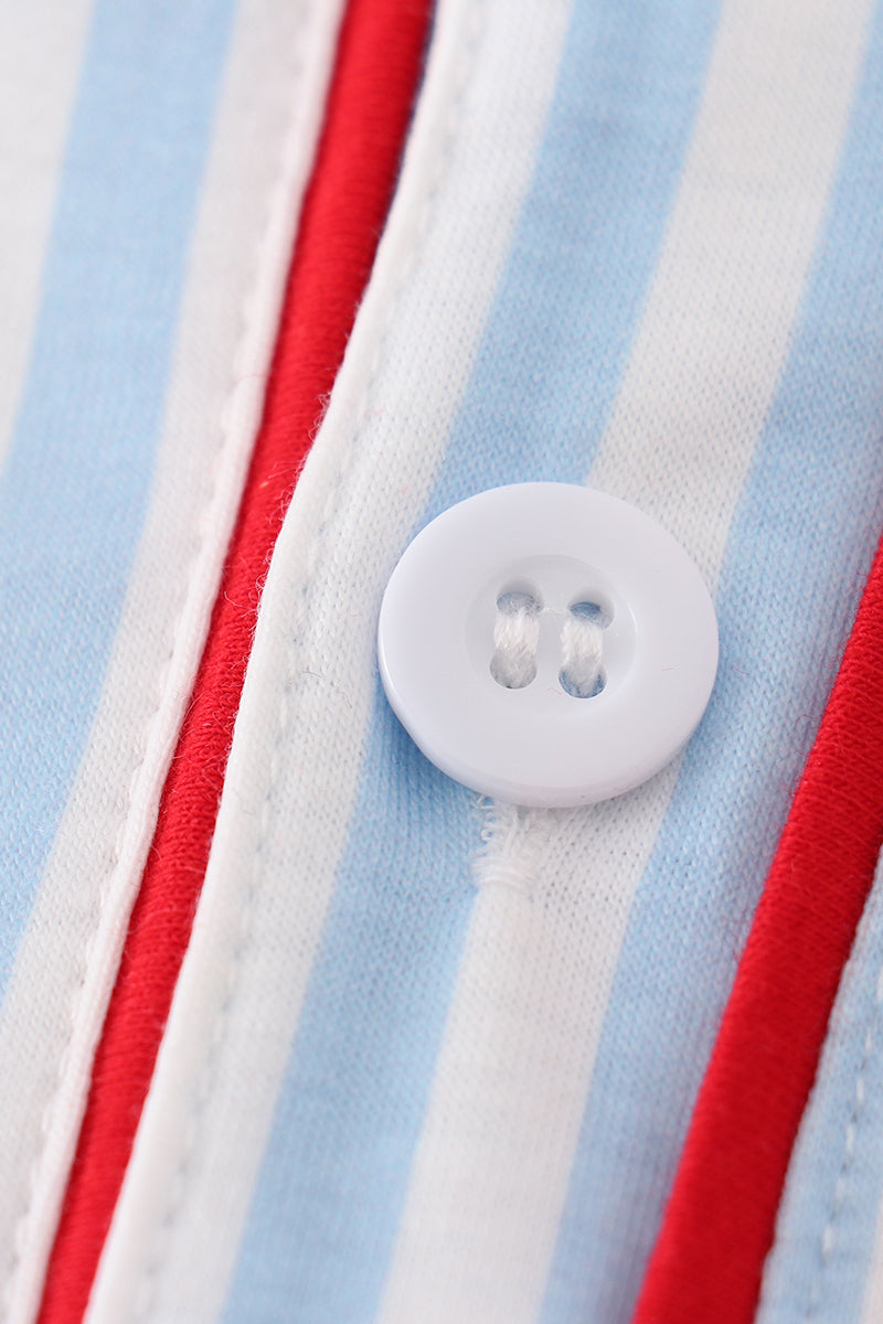 Blue stripe baseball embroidery boy button down shirt