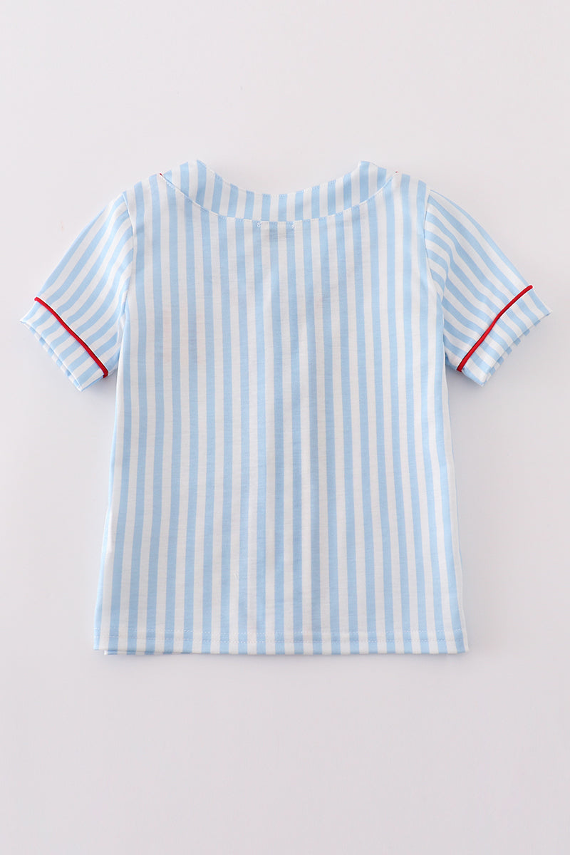 Blue stripe baseball embroidery boy button down shirt