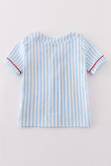 Blue stripe baseball embroidery boy button down shirt