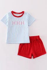 Blue stripe baseball embroidery boy set