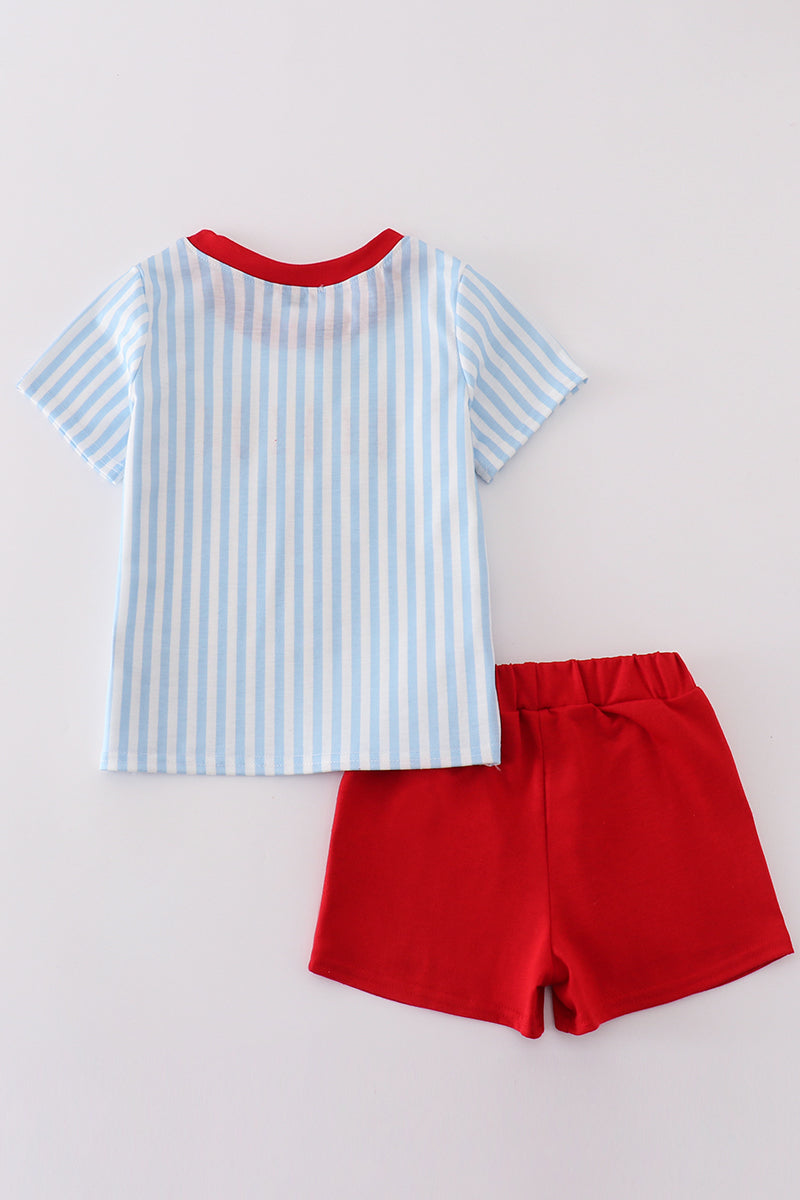 Blue stripe baseball embroidery boy set