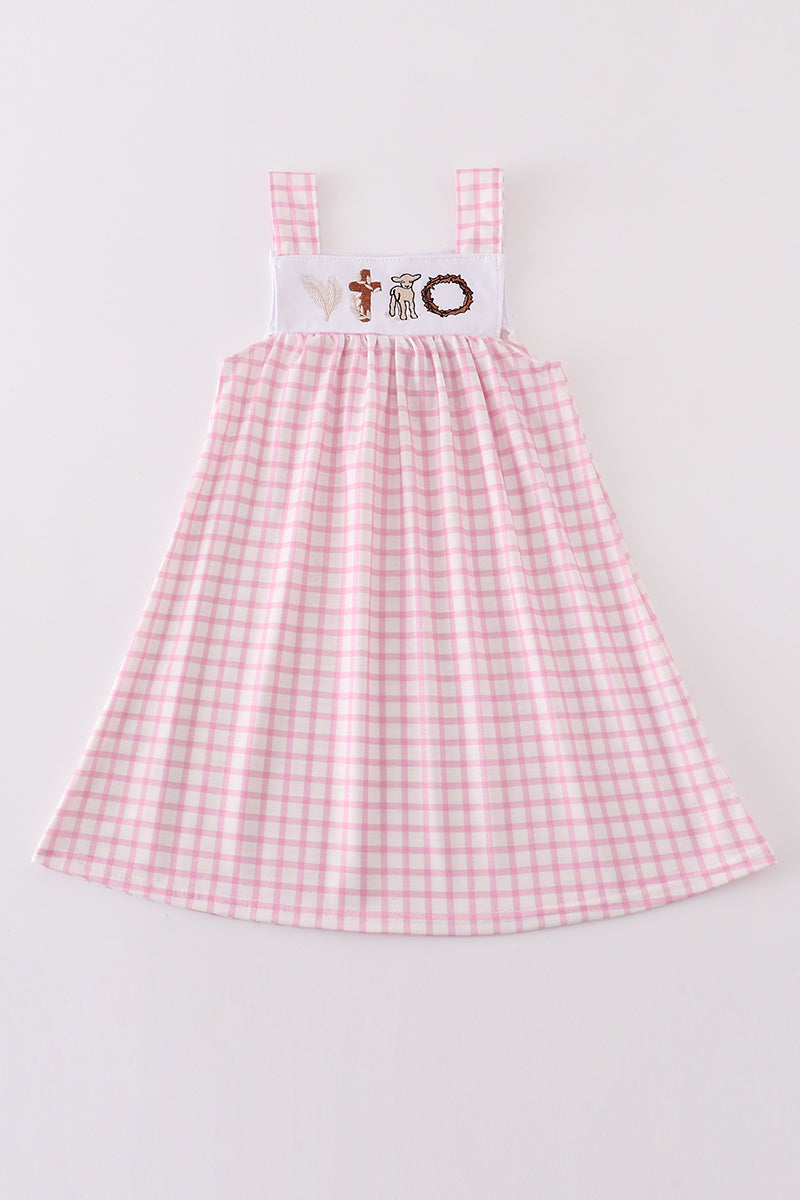 Pink easter cross sheep embroidery dress