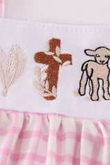 Pink easter cross sheep embroidery dress