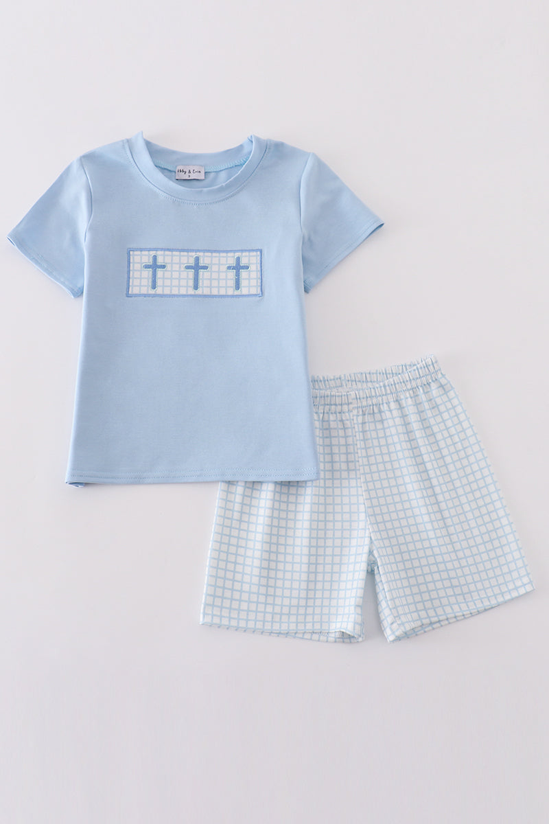 Blue easter cross embroidery boy set