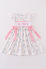 Pink bow I love mommy embroidery girl dress