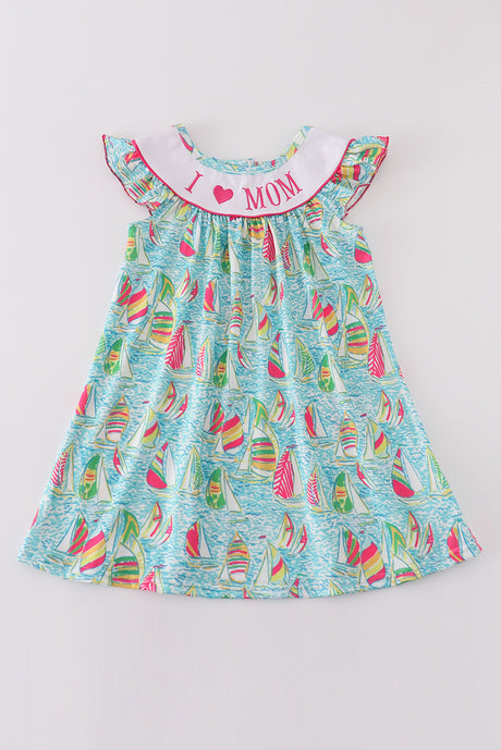 Green sailboat love I love MOM embroidery girl dress