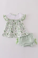 Sage leaf bunny embroidery smocked bloomer set