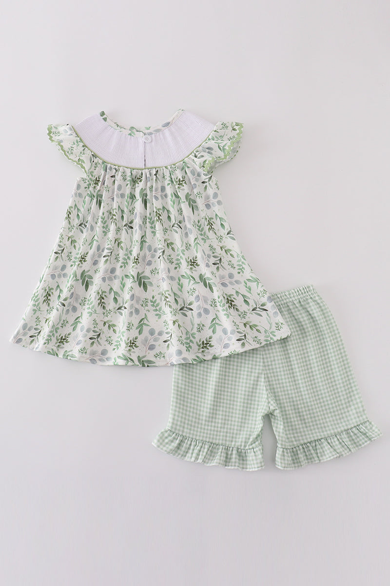 Sage leaf bunny embroidery smocked set