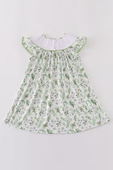 Sage leaf bunny embroidery smocked dress