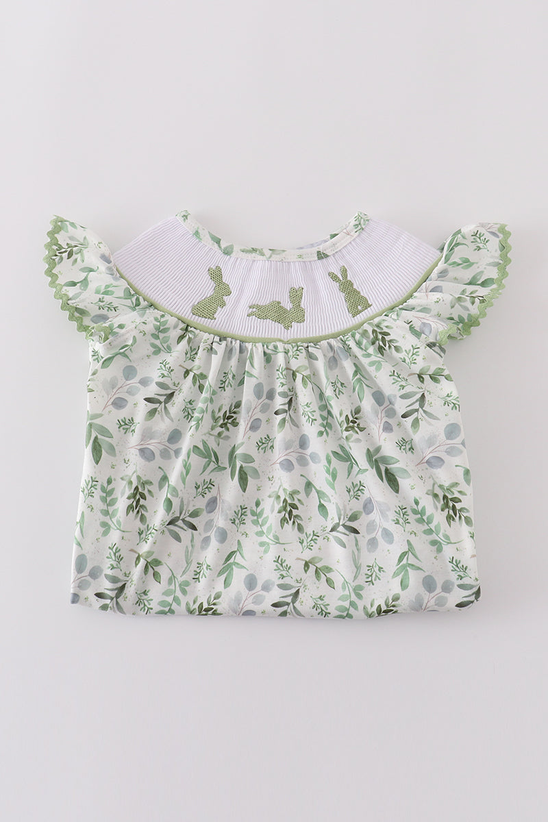 Sage leaf bunny embroidery smocked dress