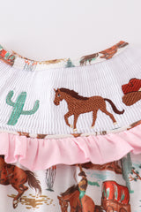 Pink western cowboy embroidery smocked bloomer set