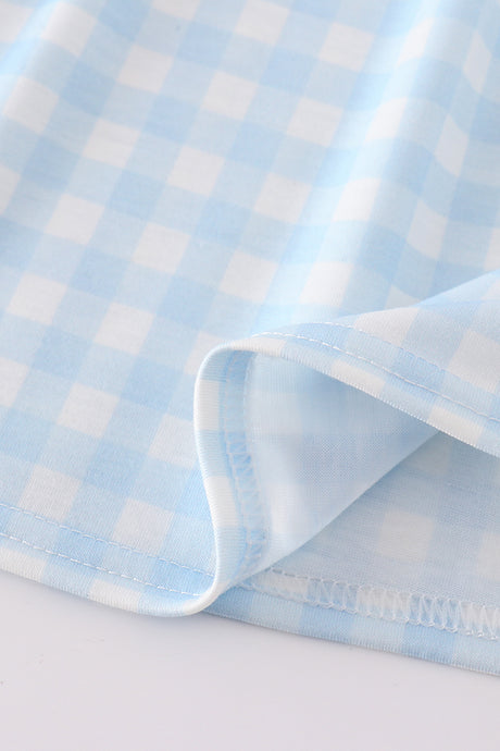 Blue gingham character embroidery girl dress