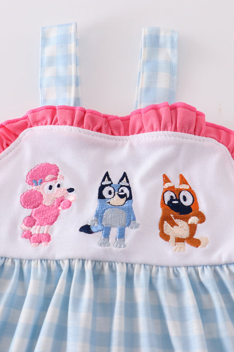 Blue gingham character embroidery girl set