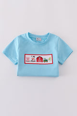 Blue farm embroidery smocked shorts set