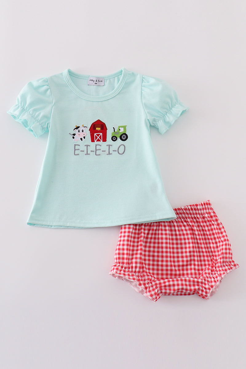 Blue farm embroidery bloomer set
