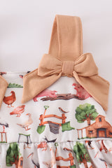 Khaki farm print bow girl set