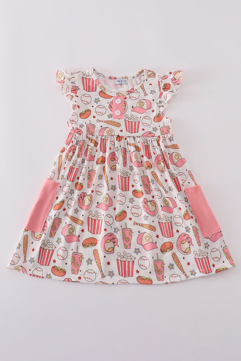 Pink baseball print girl dress