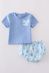 Blue sailboat print boy bloomer set