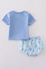 Blue sailboat print boy bloomer set