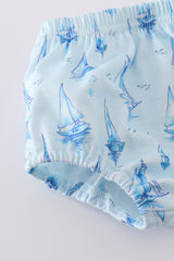 Blue sailboat print boy bloomer set