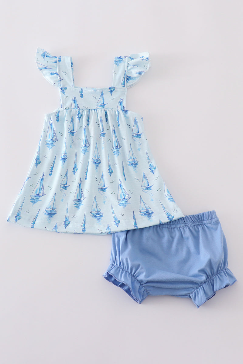 Blue sailboat print girl bloomer set