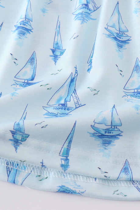 Blue sailboat print girl bloomer set