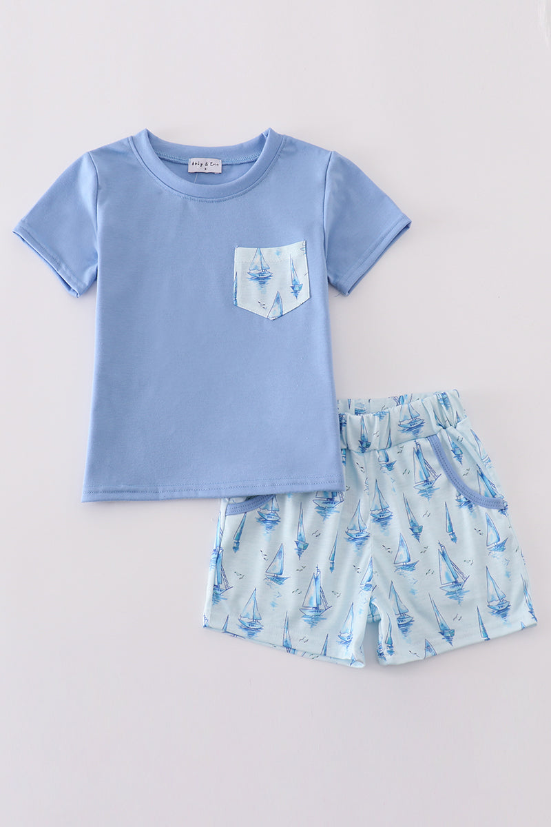 Blue sailboat print boy set