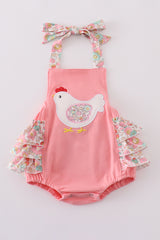 Pink floral chicken applique girl bubble