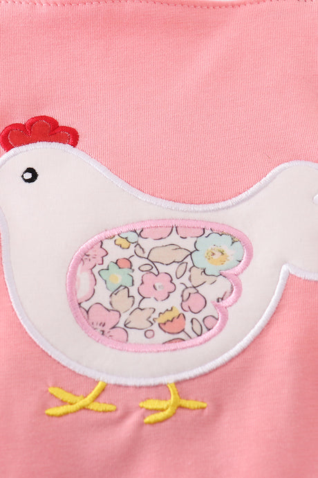 Pink floral chicken applique girl bubble