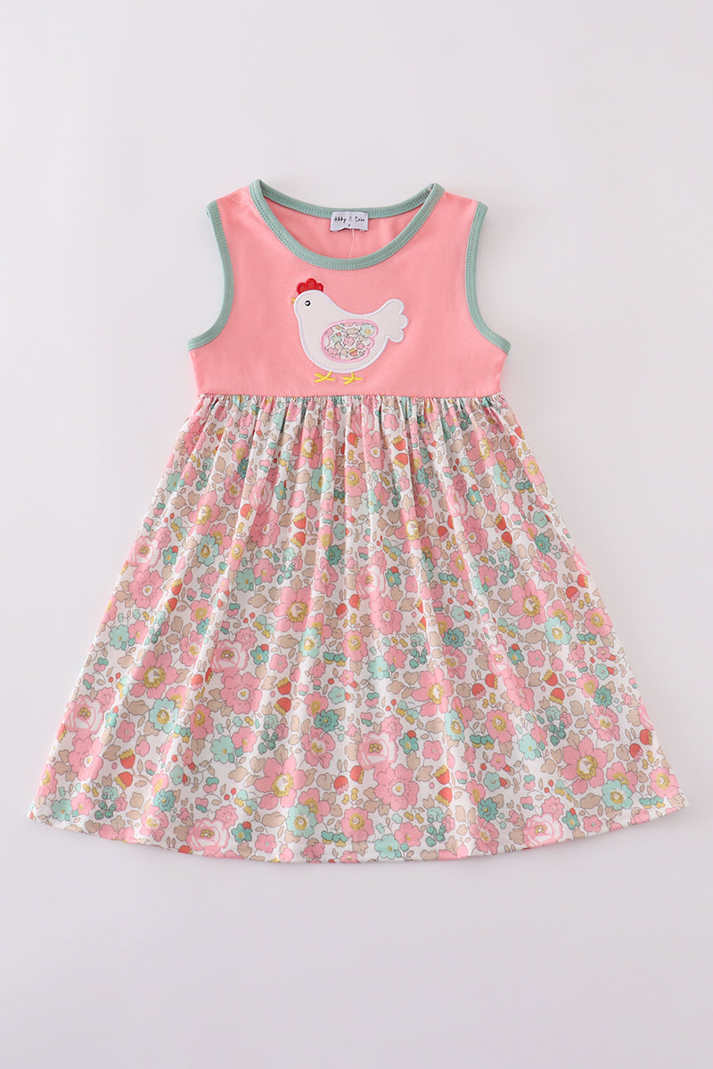 Pink floral chicken applique girl dress