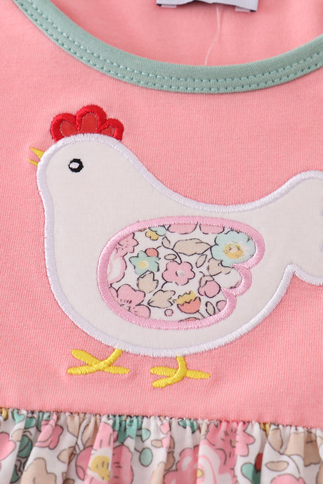 Pink floral chicken applique girl dress