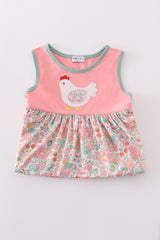 Pink floral chicken applique girl dress